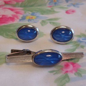 Vintage Anson Blue Starburst Cuff Links Tie Clasp